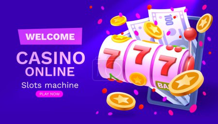 Illustration for Casino slots machine winner, online games phone, 777 win banner. Vector - Royalty Free Image