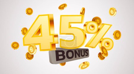 Illustration for 45 percents bonus. Falling golden coins. Cashback or prize concept. Vector illustration - Royalty Free Image