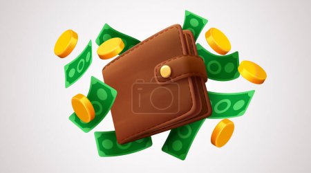 Illustration for Realistick wallet with flying money. Vector illustration - Royalty Free Image