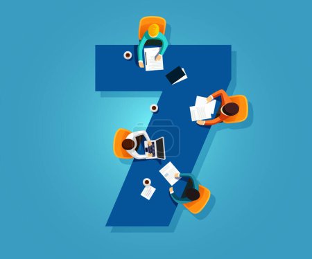 Illustration for Number 7. Team works together at a table in the shape of the number seven. Creative font. Flat vector illustration. - Royalty Free Image