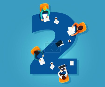 Illustration for Number 2. Team works together at a table in the shape of the number two. Creative font. Flat vector illustration. - Royalty Free Image