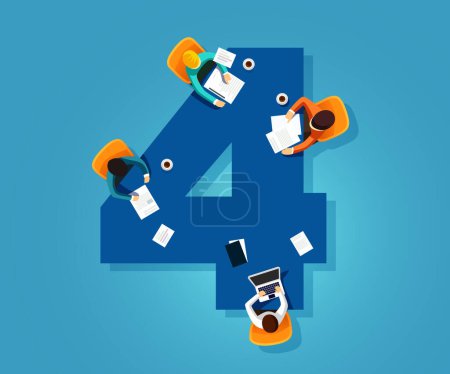 Illustration for Number 4. Team works together at a table in the shape of the number four. Creative font. Flat vector illustration. - Royalty Free Image