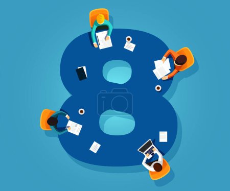Illustration for Number 8. Team works together at a table in the shape of the number eight. Creative font. Flat vector illustration. - Royalty Free Image