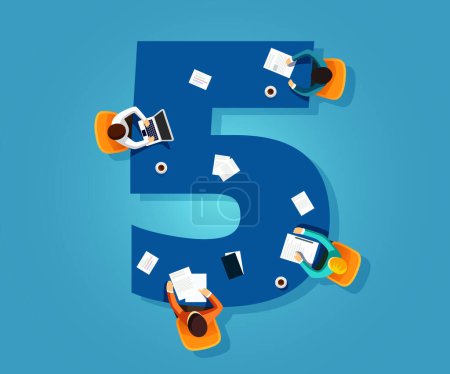 Illustration for Number 5. Team works together at a table in the shape of the number five. Creative font. Flat vector illustration. - Royalty Free Image