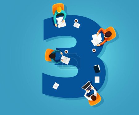 Illustration for Number 3. Team works together at a table in the shape of the number three. Creative font. Flat vector illustration. - Royalty Free Image