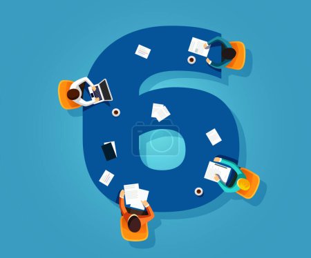 Illustration for Number 6. Team works together at a table in the shape of the number six. Creative font. Flat vector illustration. - Royalty Free Image