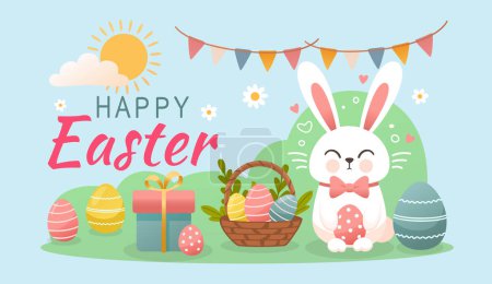Téléchargez les illustrations : Vacances de Pâques, lièvre avec un panier d'œufs de Pâques, lapin de Pâques et oeufs. Vecteur - en licence libre de droit