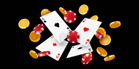 Ilustración de Tarjetas de póquer con monedas voladoras y fichas. Concepto Casino. Ilustración vectorial - Imagen libre de derechos
