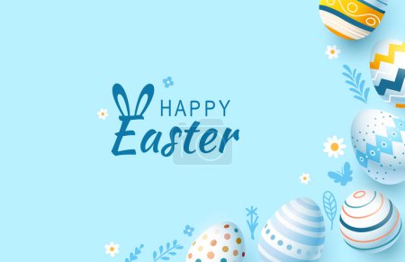 Illustration for Easter holiday, hare with a basket of Easter eggs, Easter bunny and eggs. Vector - Royalty Free Image
