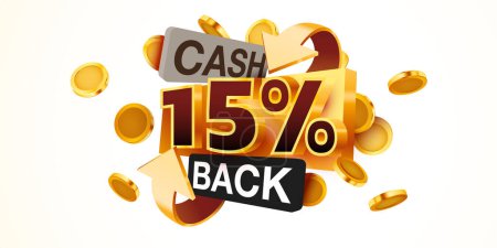 Ilustración de Cashback 15 por ciento icono aislado en el fondo gris. Etiqueta de devolución de dinero o dinero. Ilustración vectorial - Imagen libre de derechos