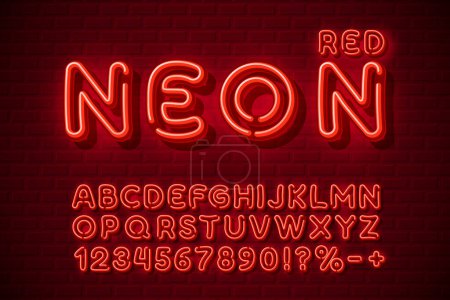 Illustration for Neon city color red font. English alphabet and numbers sign. Vector - Royalty Free Image