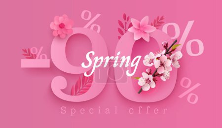 Illustration for Spring sale offer 90 percentage, flyer save season. Vector - Royalty Free Image