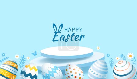 Ilustración de Podio de vacaciones de Pascua, liebre con una cesta de huevos de Pascua, conejo de Pascua y huevos. Vector - Imagen libre de derechos