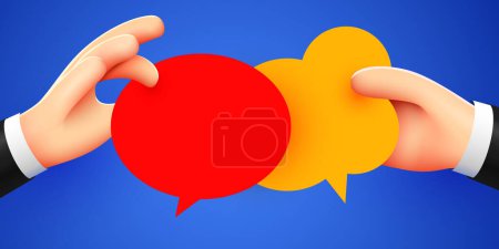Illustration for Hands holding a chat bubble. Communication concept. 3d cartoon style. Vector illustration - Royalty Free Image