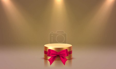 Illustration for Podium golden, red bow, Stage Podium Scene with for Award, Decor element background. Vector - Royalty Free Image