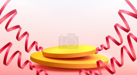 Illustration for Abstract scene background. Cylinder podium background with confetti and ribbons. Product presentation, mock up, show product, Podium, stage pedestal or platform. Vector illustration - Royalty Free Image