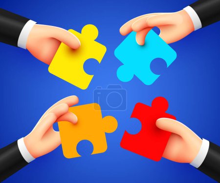 Illustration for Human hands solve jigsaw puzzle. Concept of team, cooperation. 3d cartoon style. Vector illustration - Royalty Free Image