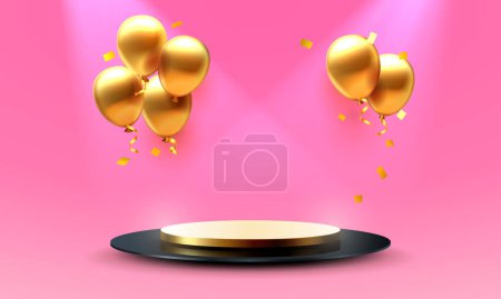 Téléchargez les illustrations : Ballon d'or podium cadeau, célébrer joyeux anniversaire, bannière plate-forme d'or. Vecteur - en licence libre de droit