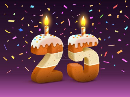 Téléchargez les illustrations : Joyeux anniversaire, anniversaire de la personne, Bougie avec gâteau sous la forme de nombres 25. Vecteur - en licence libre de droit