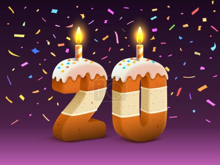 Téléchargez les illustrations : Joyeux anniversaire, anniversaire de la personne, Bougie avec gâteau sous la forme de nombres 20. Vecteur - en licence libre de droit