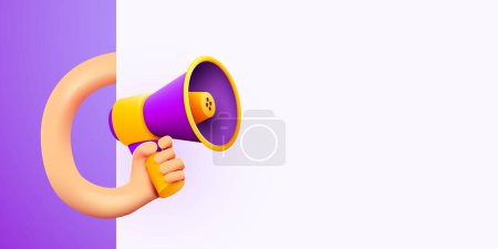 Illustration for 3d hand holding megaphone speaker or loudspeaker bullhorn for announce. Social media promotion. Vector illustration. - Royalty Free Image