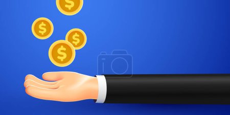 Illustration for Hand catches coins. Salary, charity and finance concept. Modern 3d style. Vector illustration - Royalty Free Image