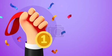 Illustration for 3D hand holds first place medal. Winner and champion concept. Vector illustration - Royalty Free Image