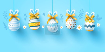Téléchargez les illustrations : Vacances de Pâques, œufs avec oreilles de lapin et arc. Vecteur - en licence libre de droit