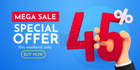 Illustration for 45 percent Off Sale. Hand holding discount percentage. Special offer. Vector illustration. - Royalty Free Image