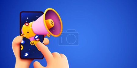 Illustration for Cute cartoon hands holding mobile smartphone with megaphone. Social media and marketing concept. Vector illustration - Royalty Free Image