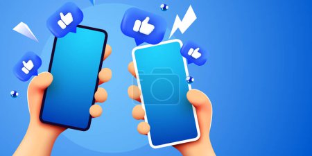 Illustration for Cute cartoon hands holding mobile smartphone with Likes notification icons. Social media and marketing concept. Vector illustration - Royalty Free Image