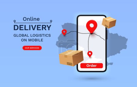 Illustration for Online Delivery global logistics on mobile, delivery within the Ukraine. Vector - Royalty Free Image