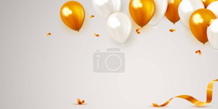 Illustration for Happy birthday background with golden and white air balloons. Holiday design for greeting card, party poster, banner template. Vector illustration - Royalty Free Image