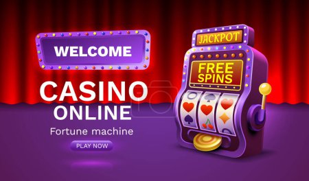 Ilustración de Casino tiradas gratis banner máquina tragamonedas ganador, jackpot fortuna de la suerte. Vector - Imagen libre de derechos