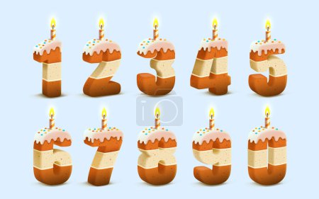 Téléchargez les illustrations : Joyeux anniversaire, anniversaire des personnes, bougie avec gâteau en forme de numéro, collection de jeux. Vecteur - en licence libre de droit