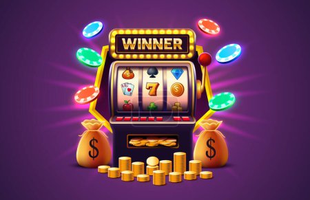 Ilustración de Casino 777 banner máquina tragamonedas ganador, la fortuna jackpot de la suerte. Vector - Imagen libre de derechos