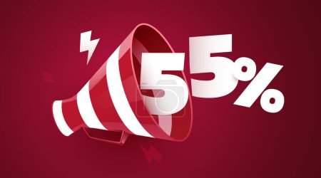 55 percent off. Sale banner with 3D megaphone. Vector illustration