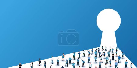 Large group of people stand in front of keyhole. Concept of security. Vector illustration