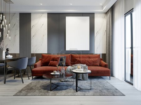 Foto de Sofá rojo en la sala de estar con paredes grises y blancas de estilo contemporáneo con lienzo blanco y mesas de centro. renderizado 3d. - Imagen libre de derechos