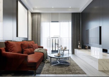 Foto de Interior gris y blanco de la sala de estar con un sofá rojo de diseño moderno. - Imagen libre de derechos