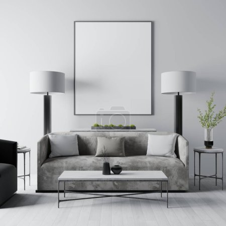 Téléchargez les photos : Un blanc vide sur le mur au-dessus d'un canapé blanc avec deux tables de chevet avec des lampes de la vue de face. Rendu 3d. - en image libre de droit