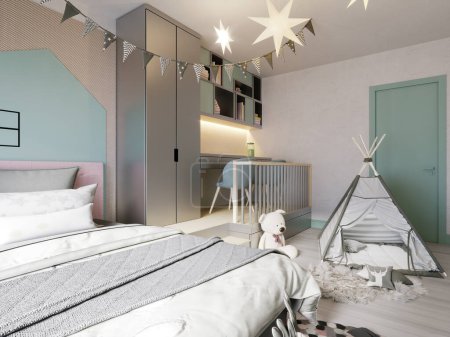Photo for Children's teenage room with a tent in light colors and colors. 3d rendering. - Royalty Free Image