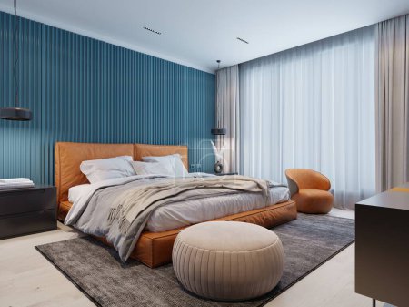 Chambre contemporaine avec un mur bleu et blanc et un lit orange et une chaise avec pouf beige. Rendu 3d.