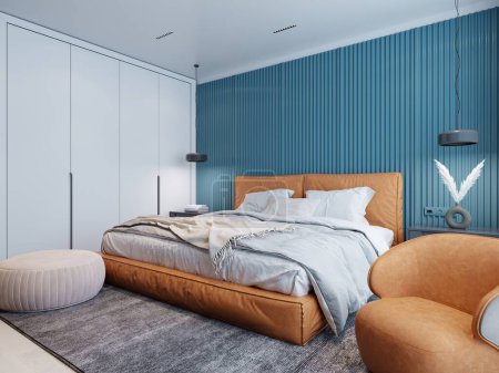 Chambre contemporaine avec un mur bleu et blanc et un lit orange et une chaise avec pouf beige. Rendu 3d.