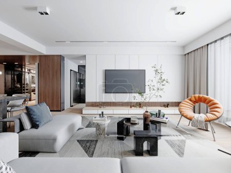 Modernes Wohnzimmer in hellen Farben mit Wandverkleidungen mit weißem Ecksofa und orangefarbenem Designersessel. 3D-Darstellung.