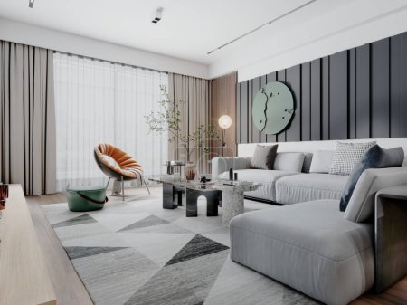 Foto de Moderna sala de estar en colores claros con paneles en las paredes con un sofá de esquina blanco y un sillón de diseño naranja. renderizado 3d. - Imagen libre de derechos