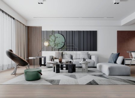 Salon moderne aux couleurs claires avec lambris sur les murs avec un canapé d'angle blanc et un fauteuil design orange. Rendu 3d.