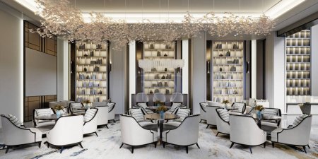 Das Design des Restaurants ist im zeitgenössischen Bibliotheksstil gehalten, mit Tischen mit weichen Stühlen und abgelegenen Bereichen mit Polstermöbeln. 3D-Darstellung.