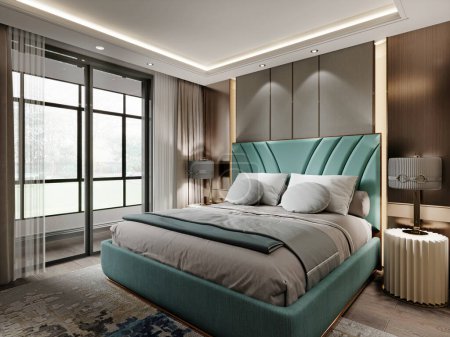 Photo for Designer bedroom with turquoise color bed and beautiful bedside tables with lamps with fabric shade. 3d rendering. - Royalty Free Image