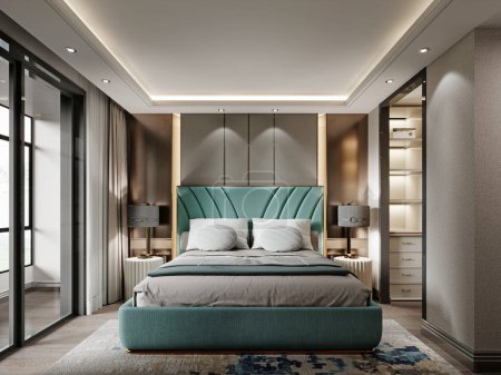 Photo for Designer bedroom with turquoise color bed and beautiful bedside tables with lamps with fabric shade. 3d rendering. - Royalty Free Image